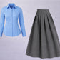 Button-Down Shirt & Pleated Maxi Skirt Set – Sky Blue & Grey