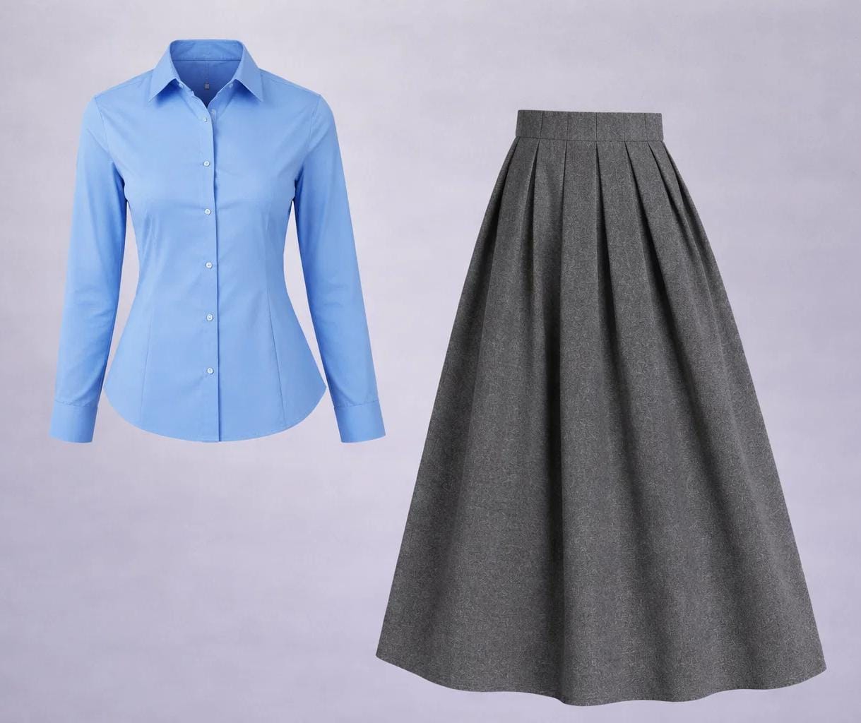 Button-Down Shirt & Pleated Maxi Skirt Set – Sky Blue & Grey
