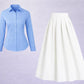 Button-Down Shirt & Flared Maxi Skirt Set – Light Blue & White