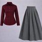 Button-Down Shirt & Pleated Maxi Skirt Set – Maroon & Grey