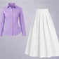 Button-Down Shirt & Pleated Maxi Skirt Set – Lavender & White