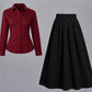 Burgundy Button-Down Shirt &  Black Pleated Maxi Skirt Set