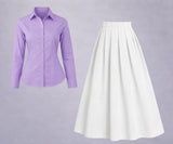 Button-Down Shirt & Pleated Maxi Skirt Set – Lavender & White
