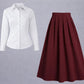 White Button-Down Shirt & Burgundy Pleated Maxi Skirt – Minimal Elegant Set