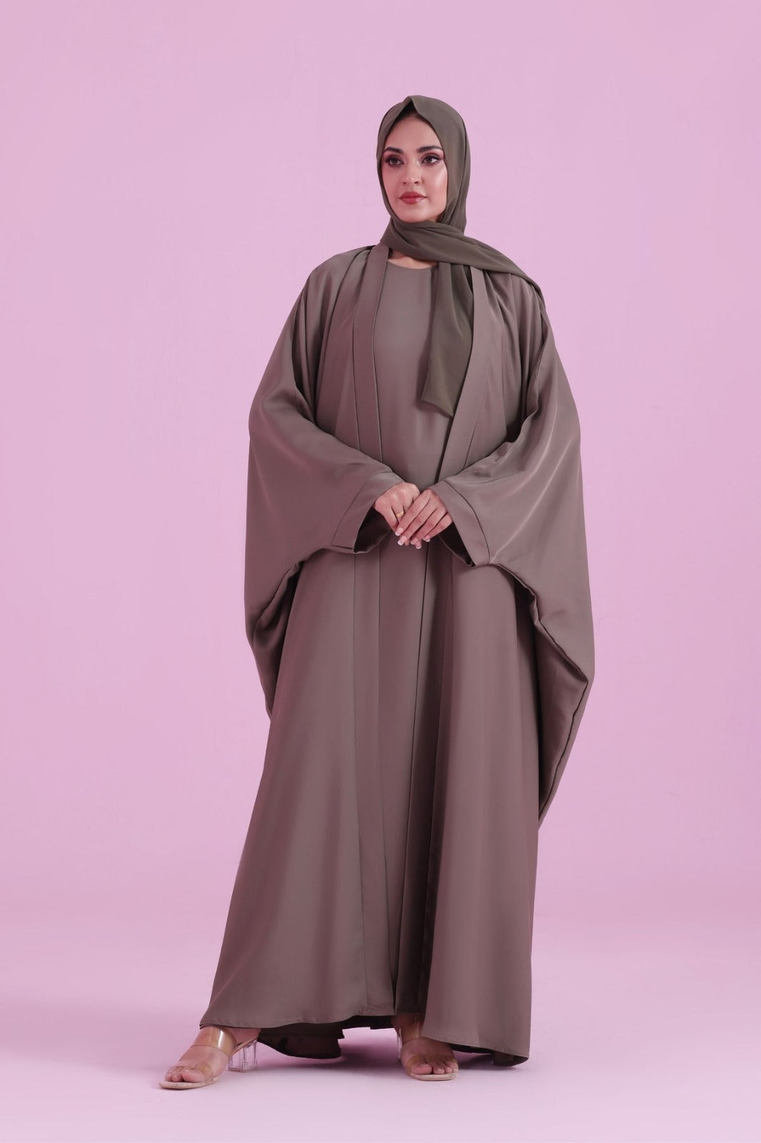 Flowy Farasha Cut Abaya - Olive Brown