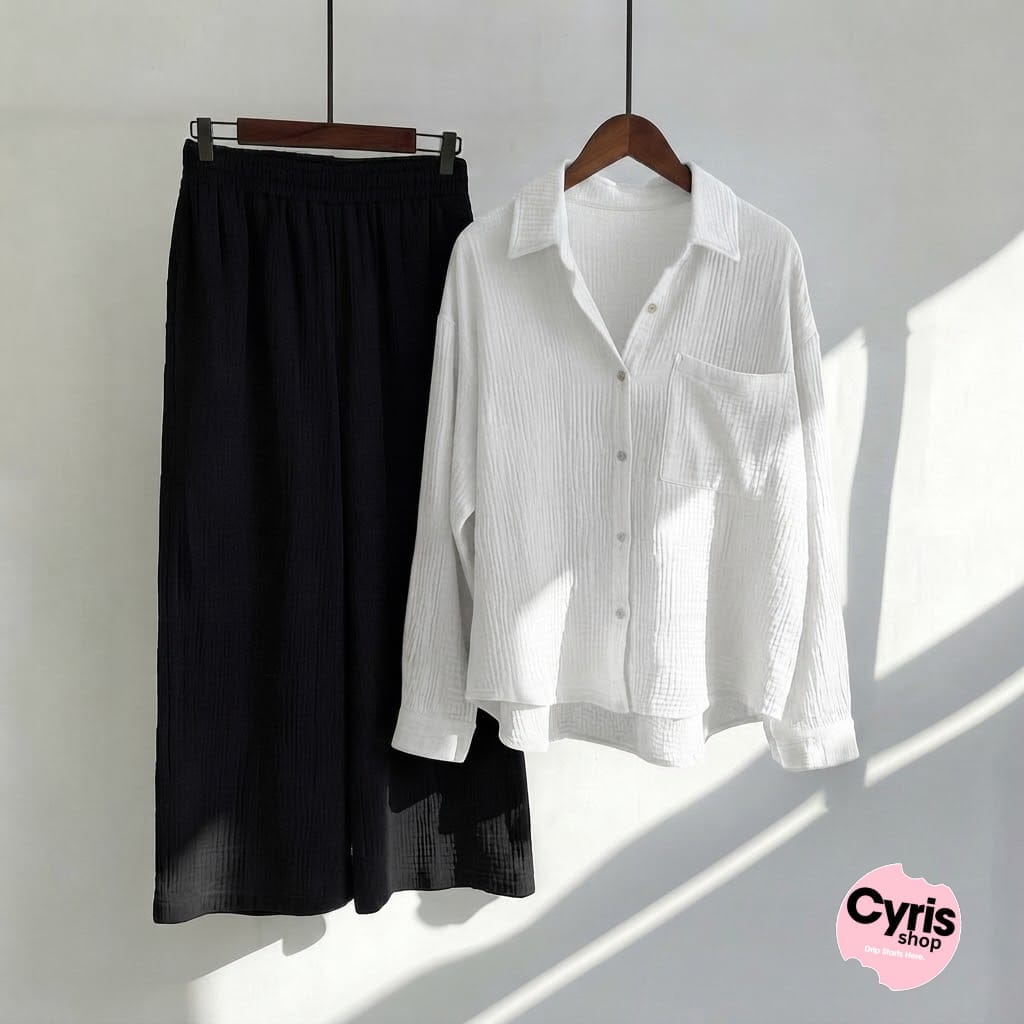 White Button-Down Shirt & Black Trousers Set