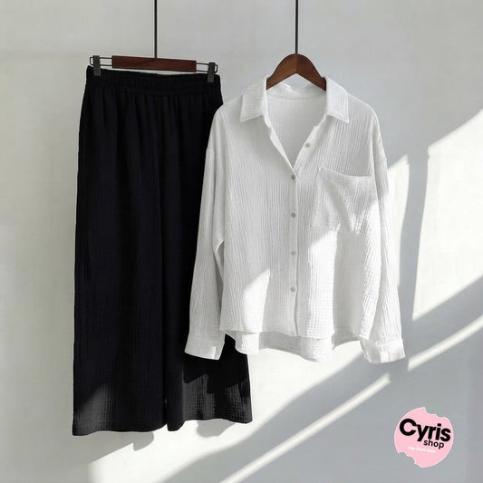 White Button-Down Shirt & Black Trousers Set