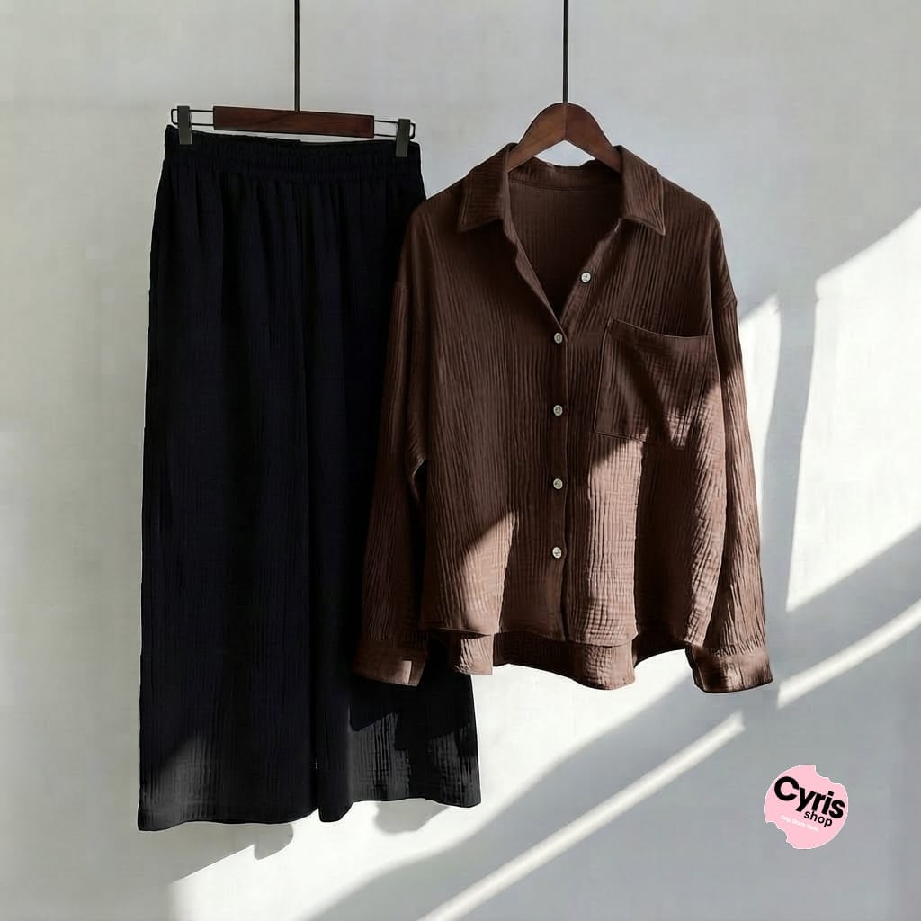 Brown Button-Down Shirt & Black Trousers Set