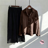 Brown Button-Down Shirt & Black Trousers Set