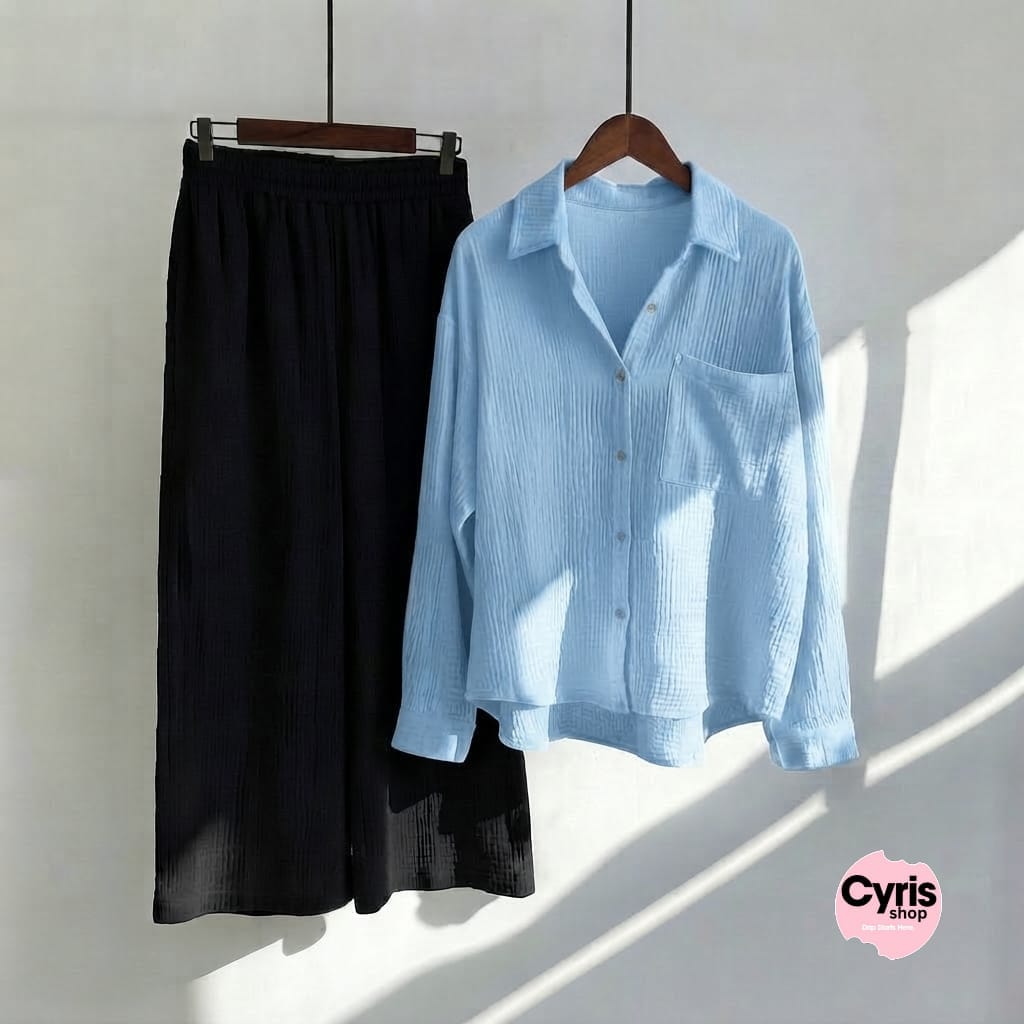 Sky Blue Button-Down Shirt & Black Trousers Set