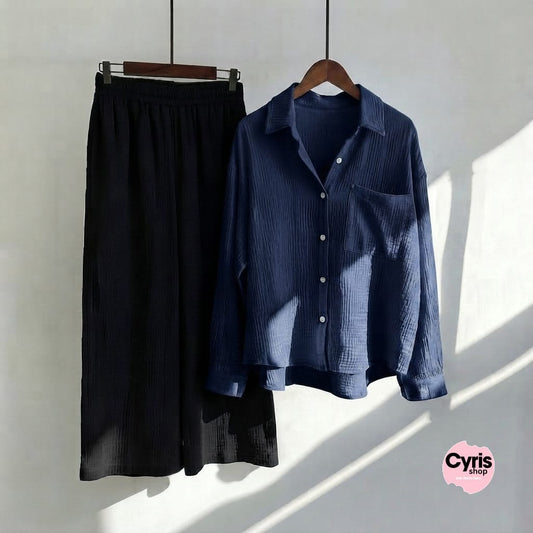 Navy Blue Button-Down Shirt & Black Trousers Set