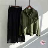 Olive Green Button-Down Shirt & Black Trousers Set