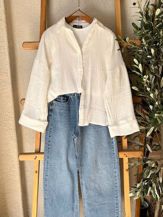 White Texture Button-Down Shirt  combo