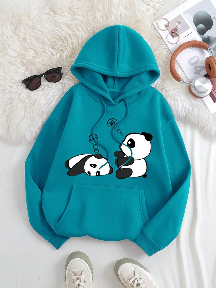 Cute Panda Love Hoodie – Cozy Teal Fleece